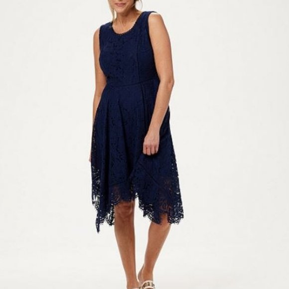 Isaac Mizrahi Handkerchief Hem Floral Lace Midi Dress  NAVY 509 - Picture 1 of 3